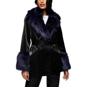 NEW Topshop Womens Size 2 Monikh Faux Fur Trim Leather Coat Jacket Black Navy